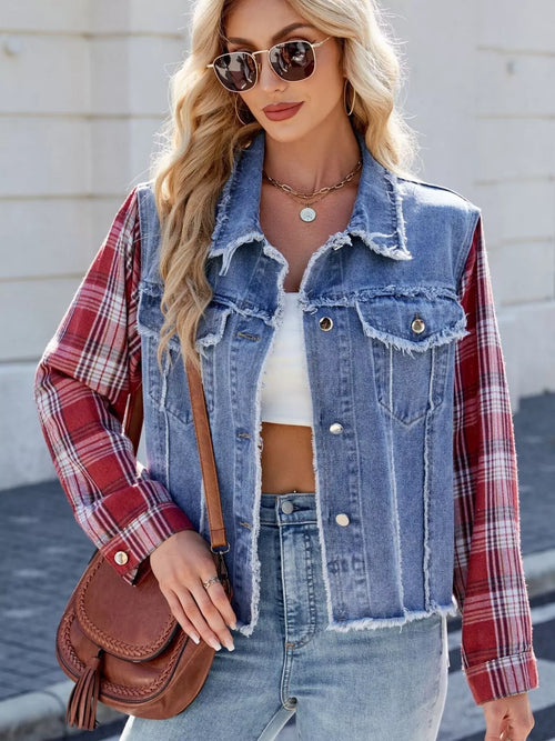 Plaid Sleeve Denim Jacket