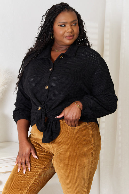 Waffle-Knit Collared Shirt