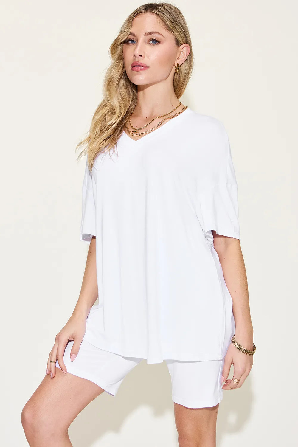 Full-Size V-Neck Tee & Shorts Set in Dark Gray