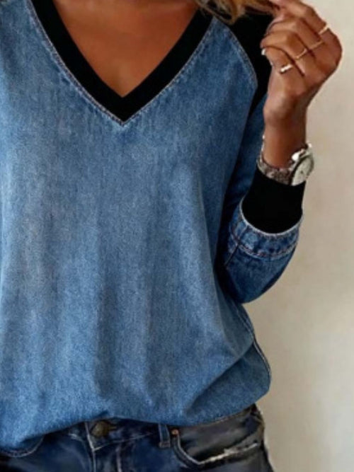Patchwork V Neck Blouse in Dusty Blue