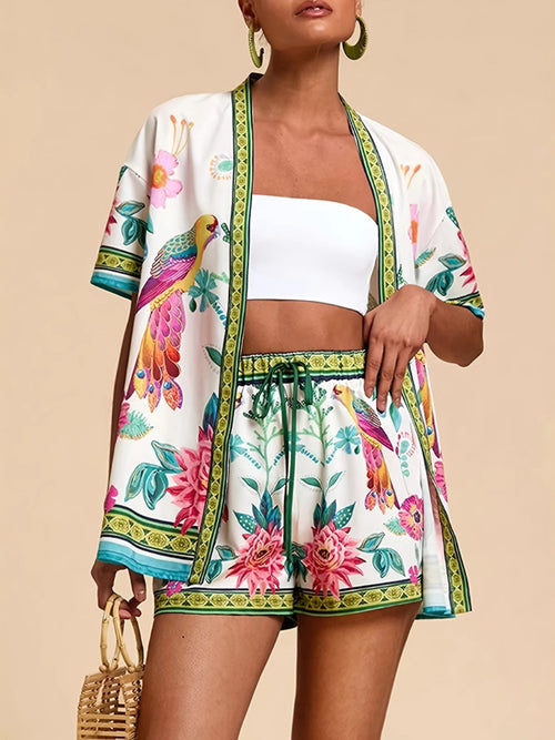 Printed Cardigan Shorts Set in Navy