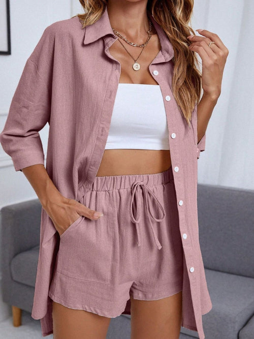 Button Up Shorts Set in Dusty Pink