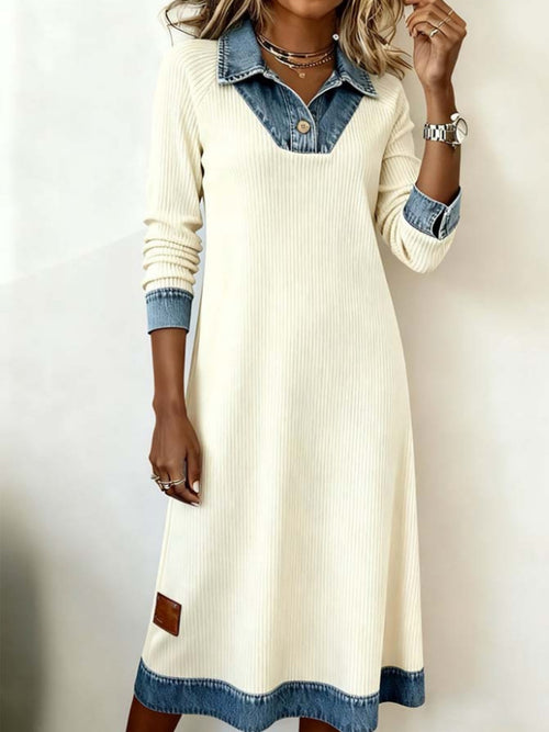 Denim Trim Knit Midi Dress in White