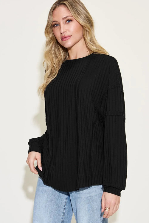 Full-Size Ribbed Long-Sleeve Tee in Orange