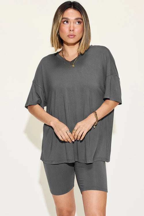Full-Size V-Neck Tee & Shorts Set in Matcha Green
