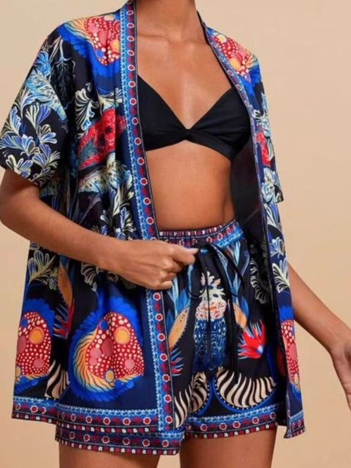 Printed Cardigan Shorts Set in Navy