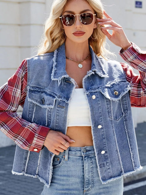Plaid Sleeve Denim Jacket in Dusty Blue