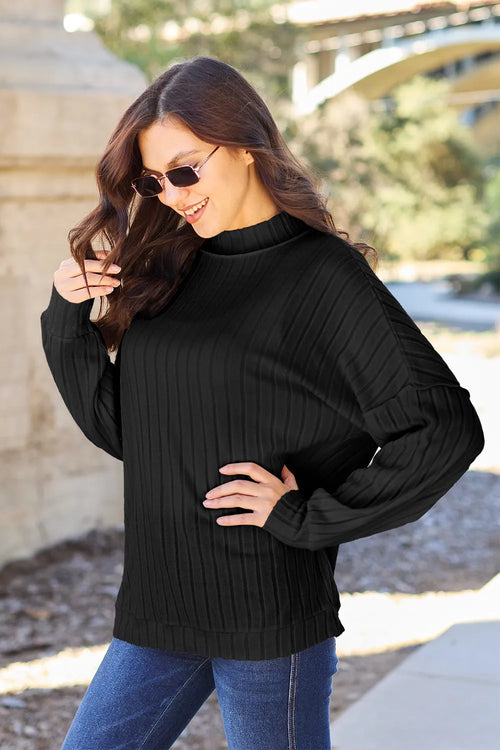 Full-Size Ribbed Mock-Neck Top in Hot Pink