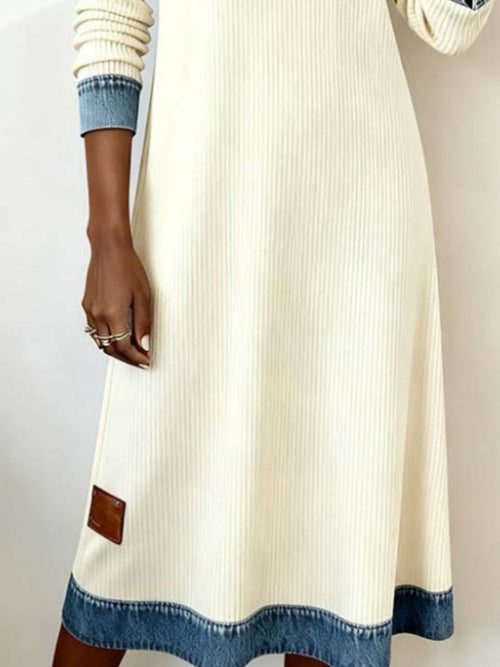 Denim Trim Knit Midi Dress in White