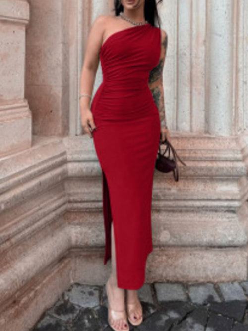 One Shoulder Ruched Slit Dress in Deep Red
