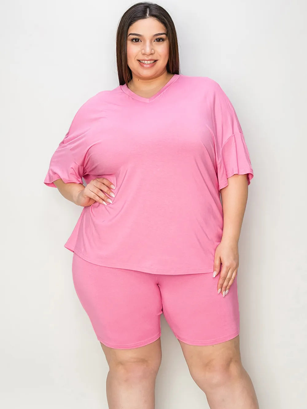 Full-Size V-Neck Tee & Shorts Set in Brown