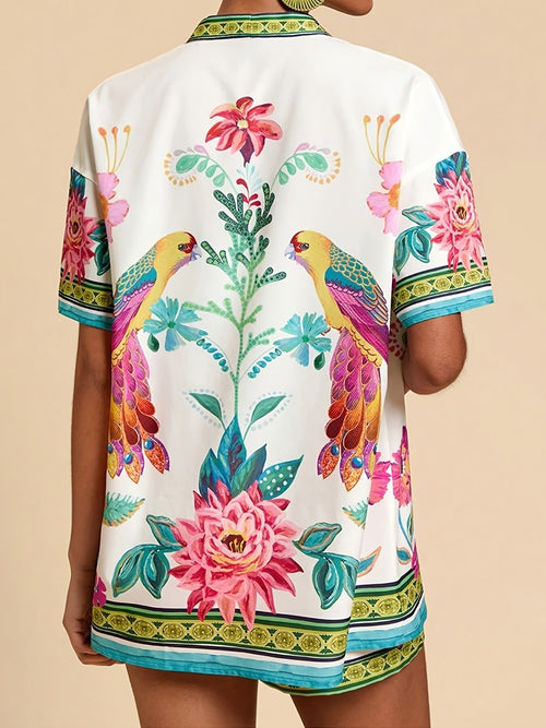 Printed Cardigan Shorts Set in Navy