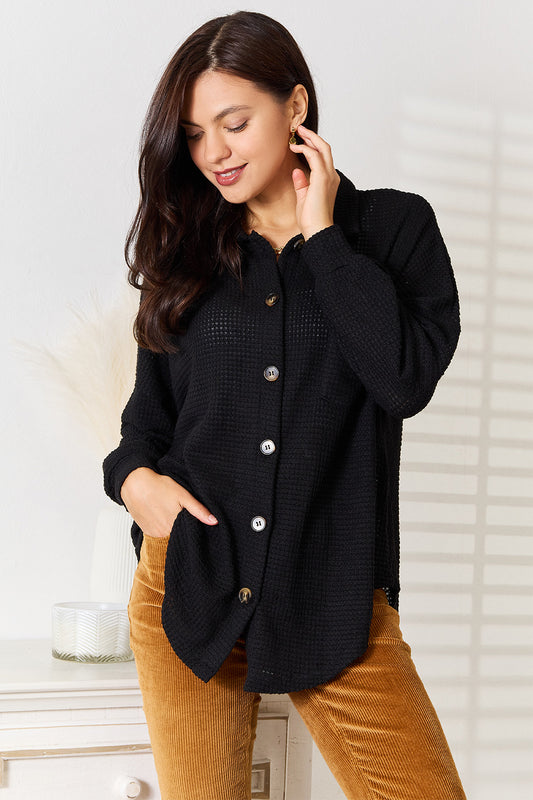 Waffle-Knit Collared Shirt in Black