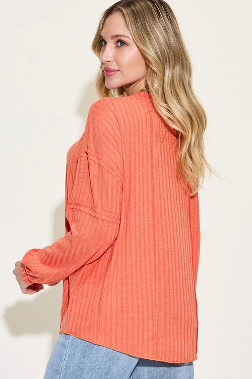Full-Size Ribbed Long-Sleeve Tee in Gray