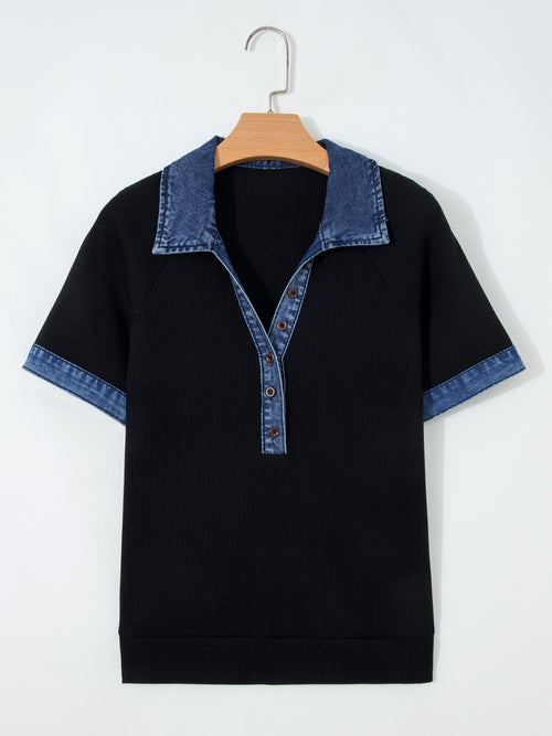 Denim Trim Button Detail Top in Black