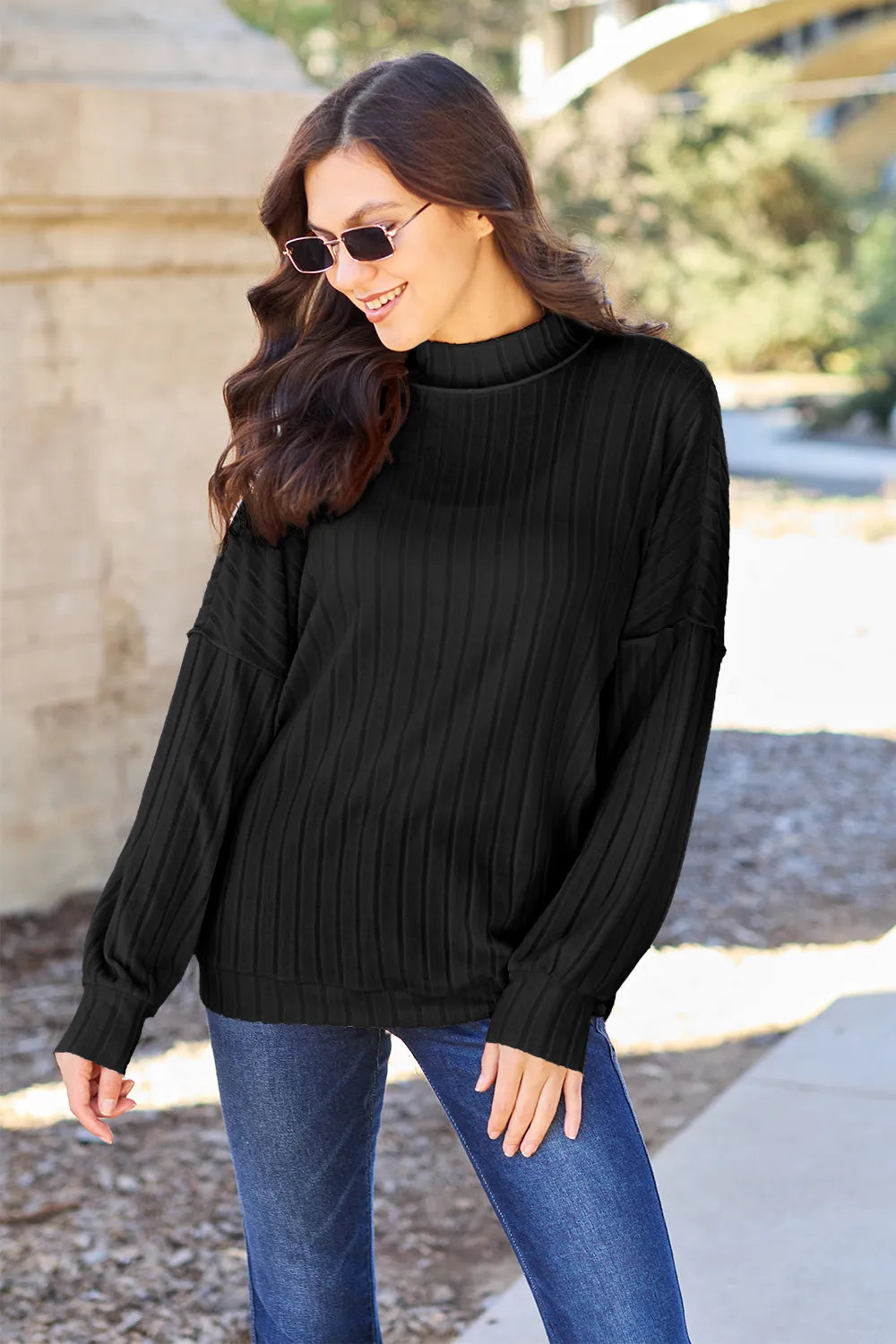 Full-Size Ribbed Mock-Neck Top in Hot Pink