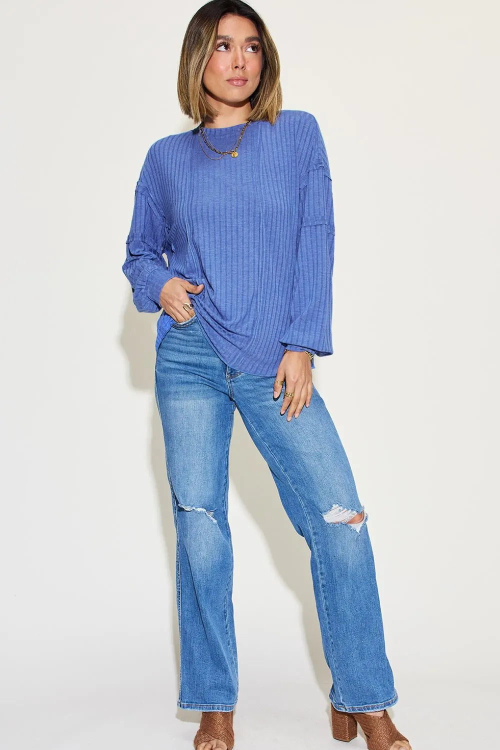 Full-Size Ribbed Long-Sleeve Tee in Teal