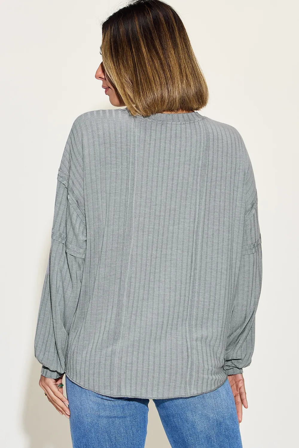 Full-Size Ribbed Long-Sleeve Tee in Gray