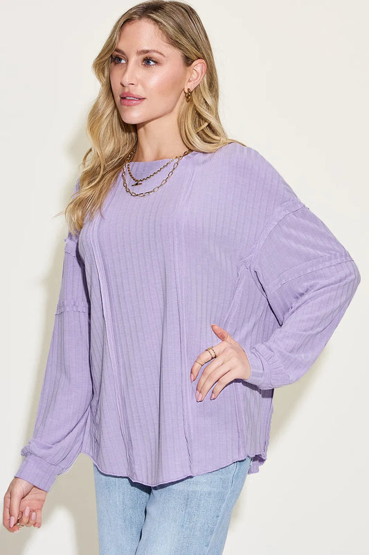 Full-Size Ribbed Long-Sleeve Tee in Lavender