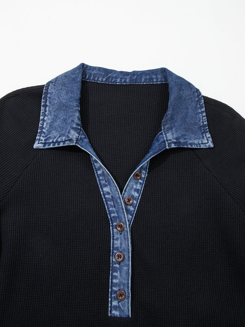 Denim Trim Button Detail Top in Black