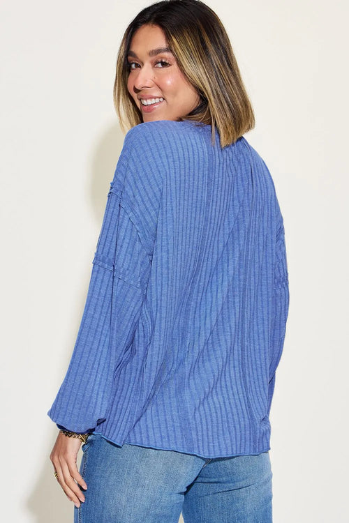 Full-Size Ribbed Long-Sleeve Tee in Teal
