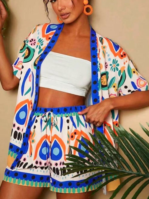 Printed Cardigan Shorts Set in Sage