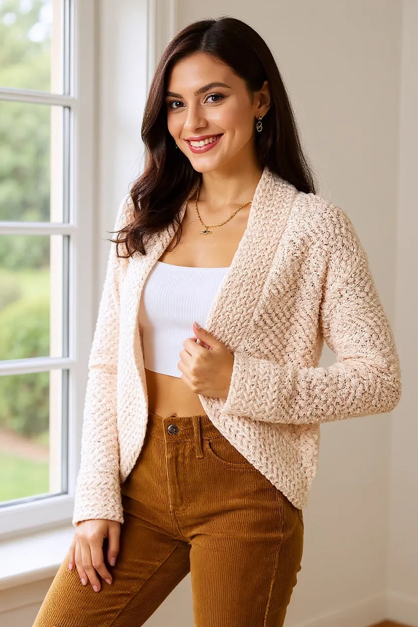 Open-Front Long-Sleeve Cardigan in Cream