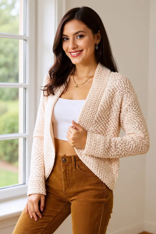 Open-Front Long-Sleeve Cardigan in Cream