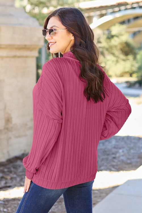 Full-Size Ribbed Mock-Neck Top in Rust