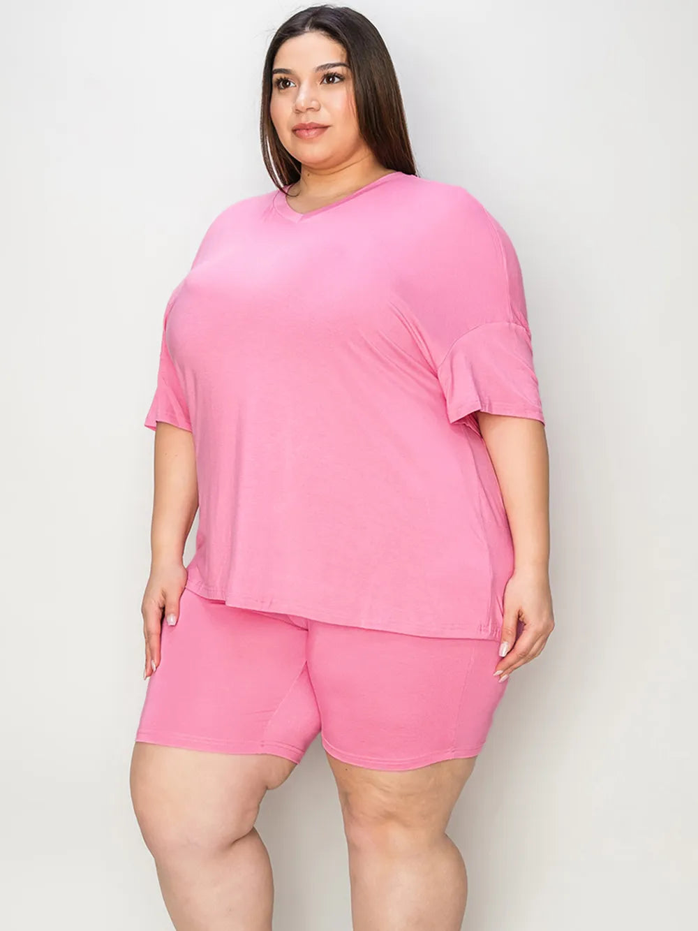 Full-Size V-Neck Tee & Shorts Set in Pink