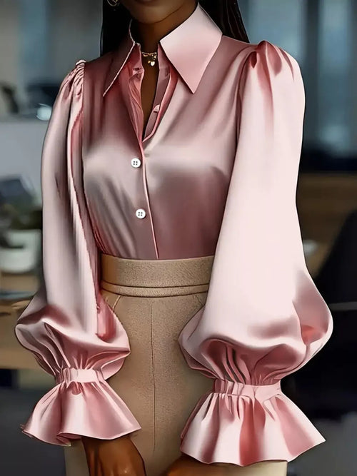 Satin Flounce Sleeve Shirt in Black