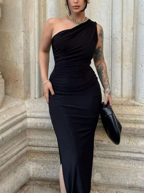 One Shoulder Ruched Slit Dress in Black