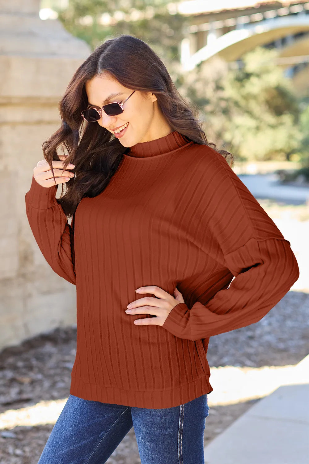 Full-Size Ribbed Mock-Neck Top in Turquoise