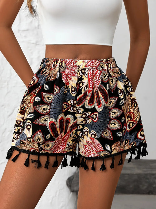 Paisley Tassel Hem Shorts in Black
