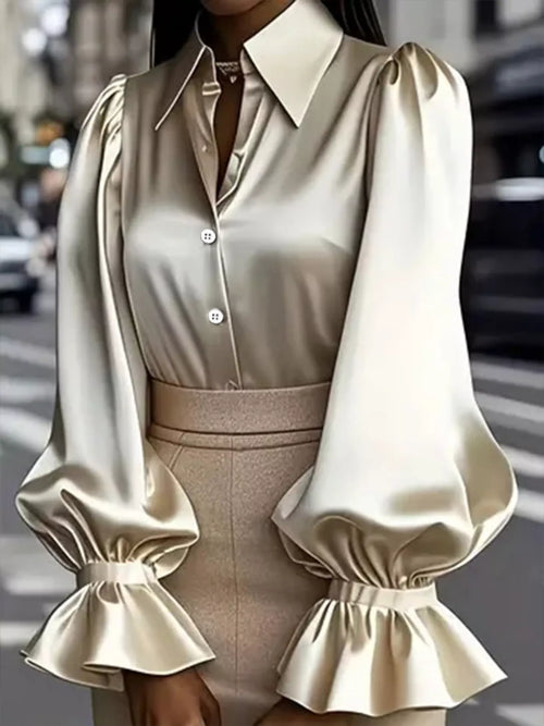 Satin Flounce Sleeve Shirt in Apricot
