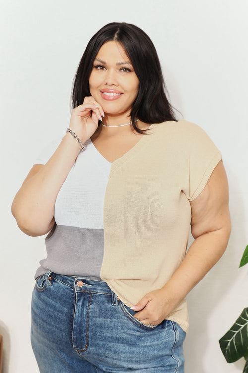 Colorblock V-Neck Knit Top in Watermelon pink