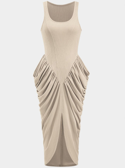 Ruched Slit Midi Dress in Ivory