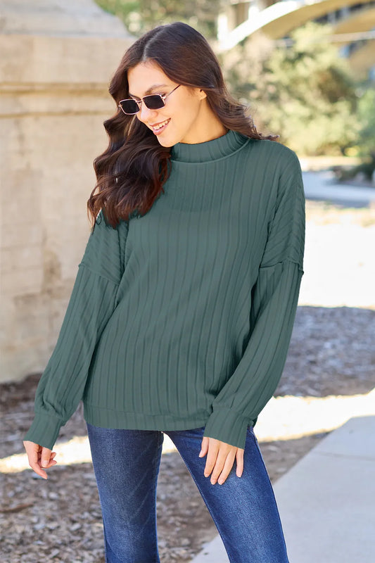 Full-Size Ribbed Mock-Neck Top in Turquoise