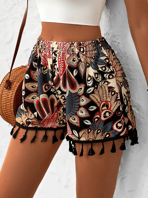 Paisley Tassel Hem Shorts in Black