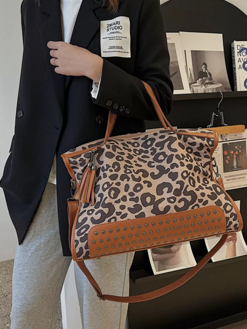 Leopard Studded Tote in Brown