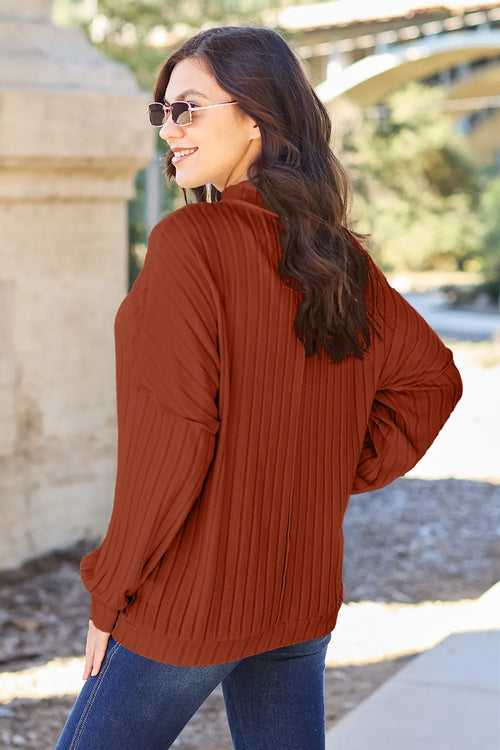 Full-Size Ribbed Mock-Neck Top in Turquoise