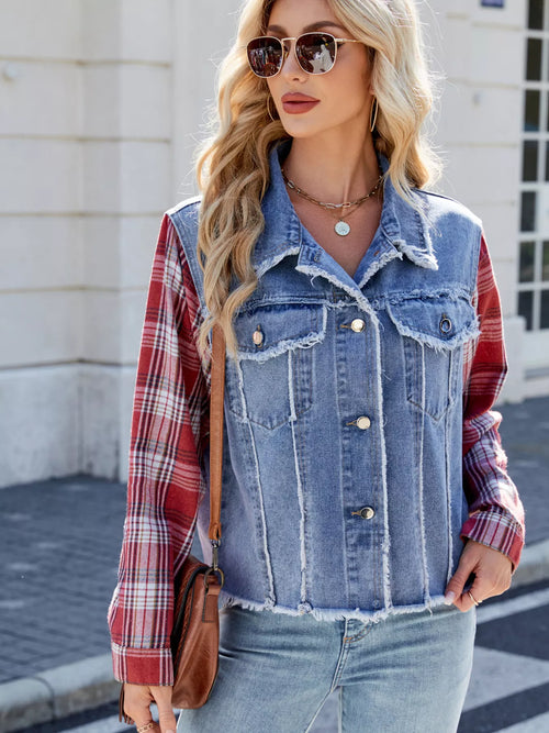 Plaid Sleeve Denim Jacket in Dusty Blue
