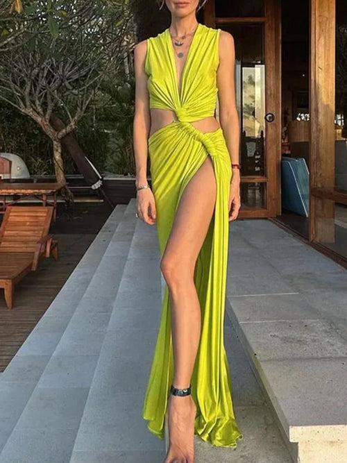 Plunge Knot Cutout Maxi Dress in Lime