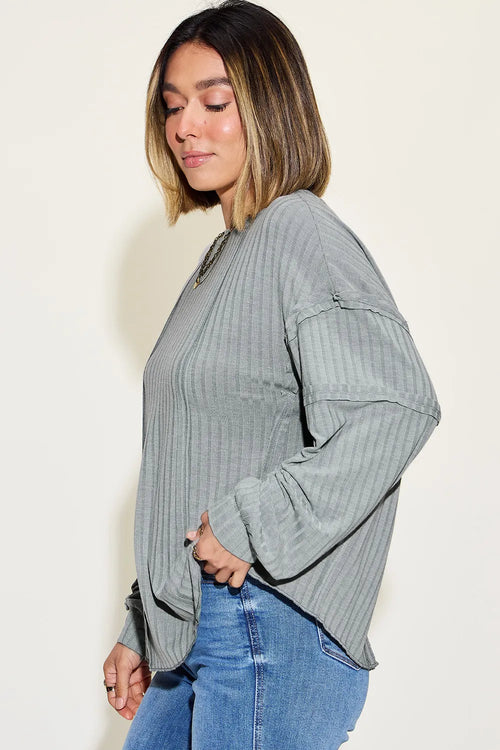 Full-Size Ribbed Long-Sleeve Tee in Dark Brown