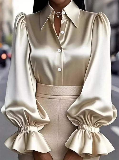 Satin Flounce Sleeve Shirt in Apricot