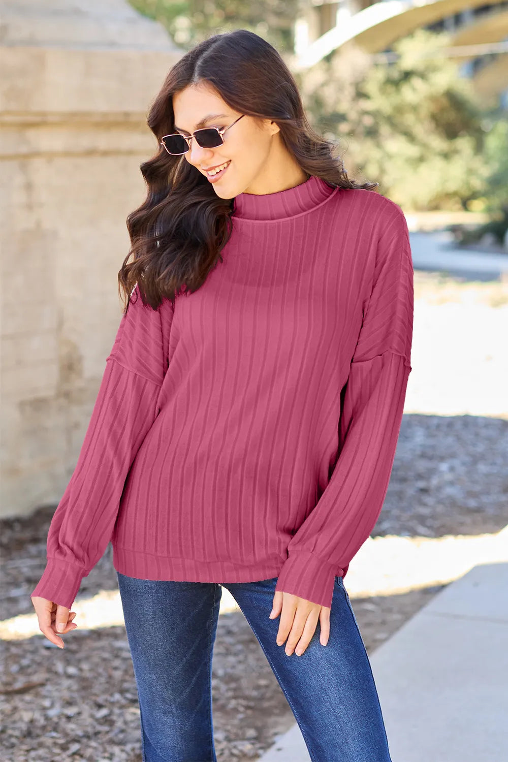 Full-Size Ribbed Mock-Neck Top in Rust