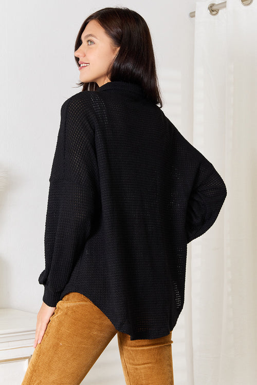 Waffle-Knit Collared Shirt in Black