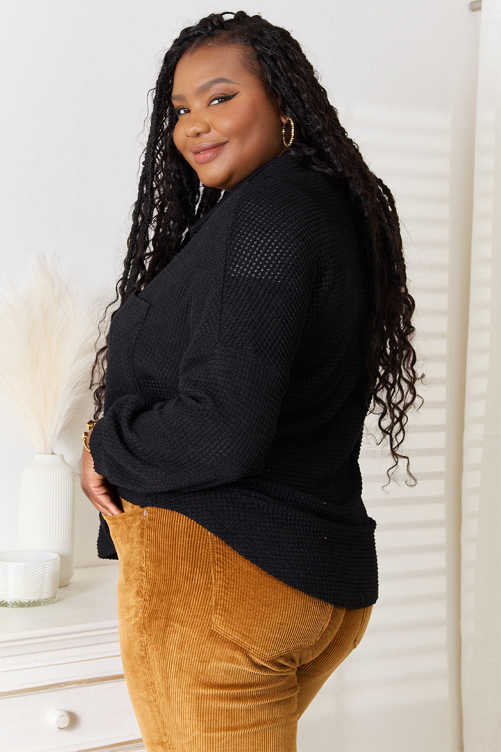 Waffle-Knit Collared Shirt
