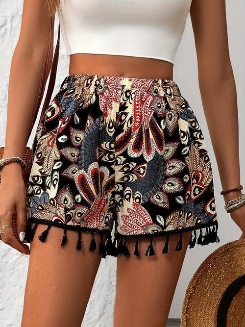 Paisley Tassel Hem Shorts in Black