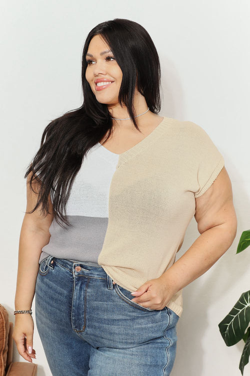 Colorblock V-Neck Knit Top in Watermelon pink